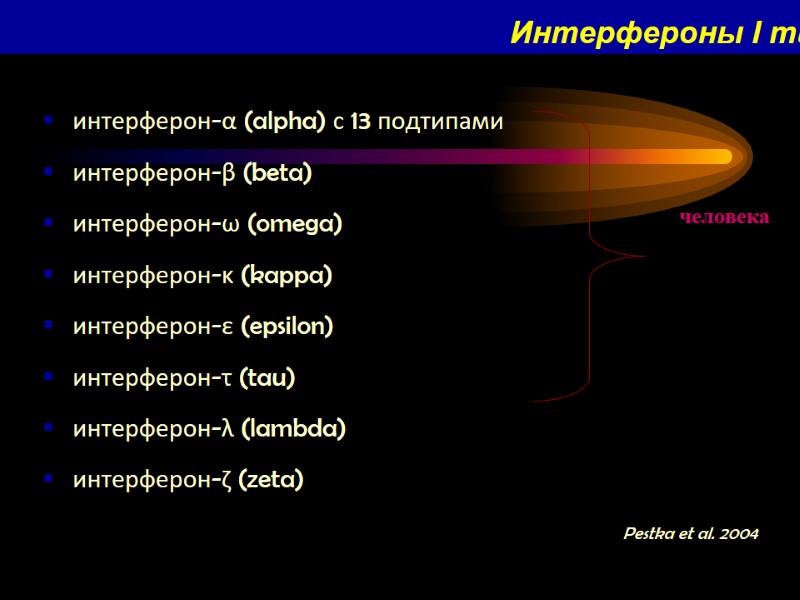 Интерфероны I типа интерферон-α (alpha) с 13 подтипами интерферон-β (beta) интерферон-ω (omega) интерферон-κ (kappa)